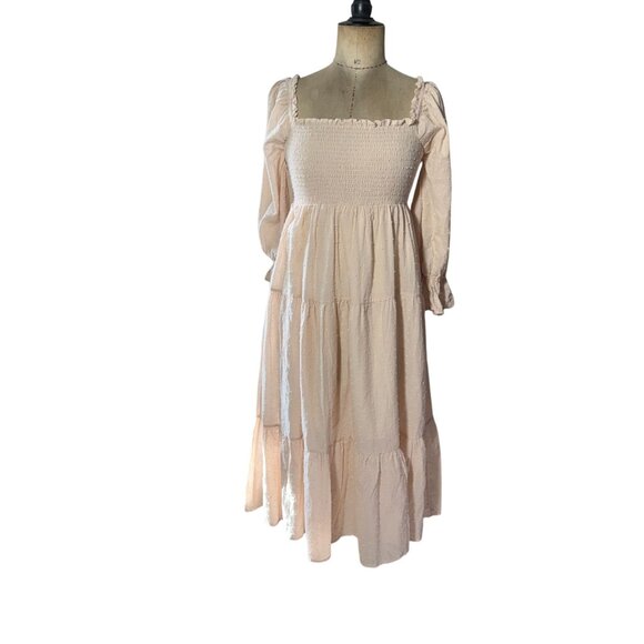 R.vivimos Puff Sleeves Bow Off-Shoulder Boho Midi Dress Medium 8/10 Beige - Picture 1 of 10